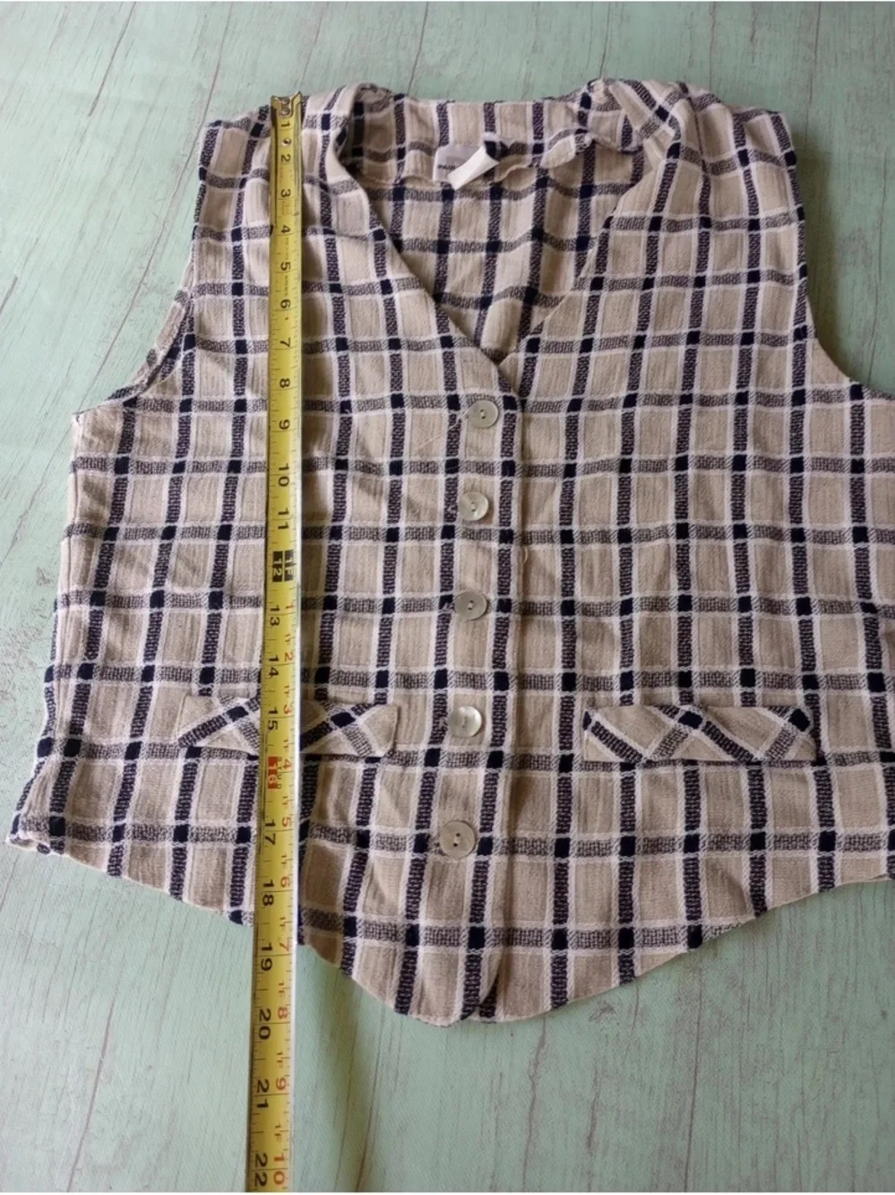 Two-Piece Beige & Navy Plaid Short Set